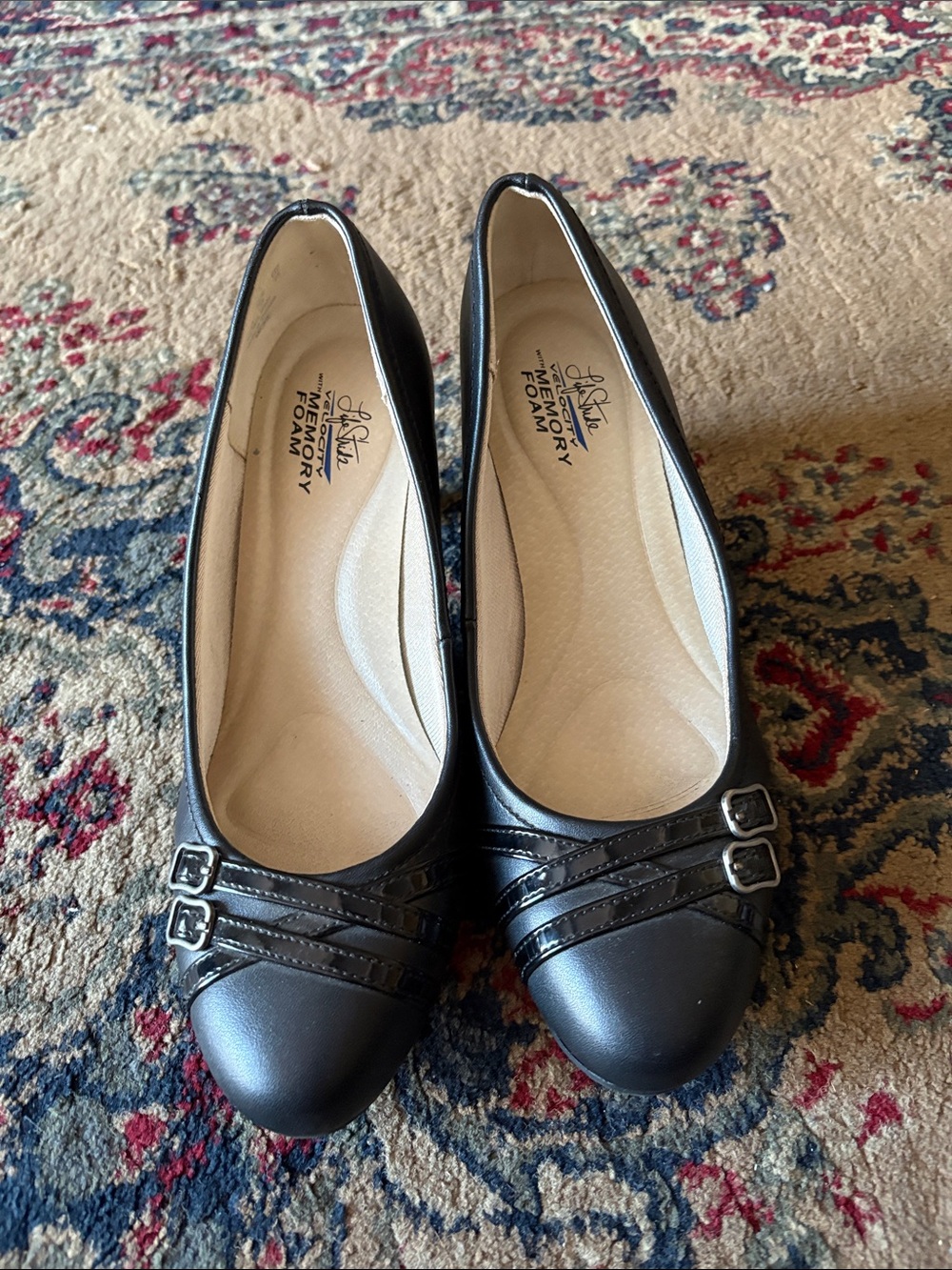 Life Stride Black Ballet Flats with Double Buckle Straps
